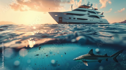 Beautiful shark underwater with tropical palm tree island and yacht in sea.