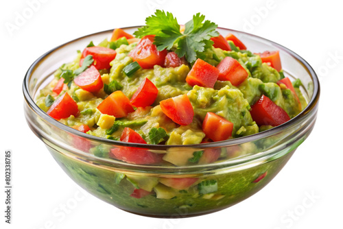 Isolated Bowl of Guacamole: A bowl of freshly made guacamole isolated on a transparent background, garnished with diced tomatoes and cilantro, great for Mexican cuisine menus and dip recipes. 