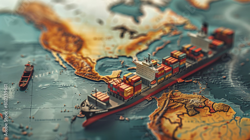 Cargo ship with containers sails along North American coast, facilitating global trade and logistics. Tilt shift effect adds depth to the maritime journey