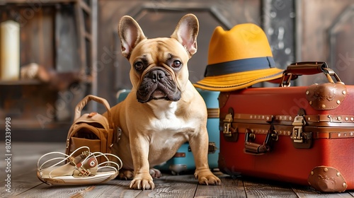 A french bulldog is ready to travel with his luggage and suitcase