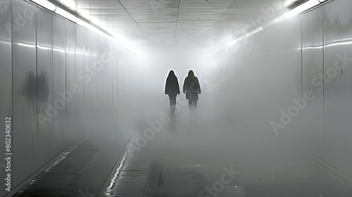 Mysterious Figure Navigating Misty Underground Passage
