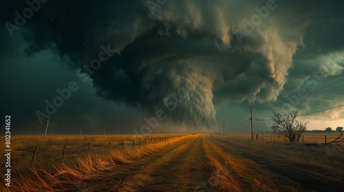 storm with tornado over the field and road at countryside. 