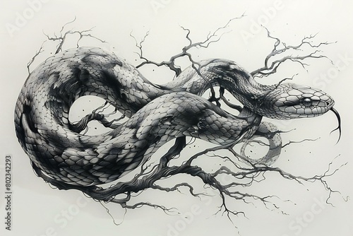 Digital illustration of a venomous snake in a dead tree, rendering