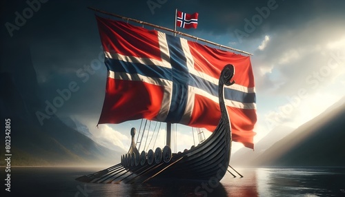 Realistic illustration for norway constitution day with a viking ship adorned with the colors of the norwegian flag.