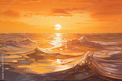 The setting sun casts a golden glow over the undulating waves.