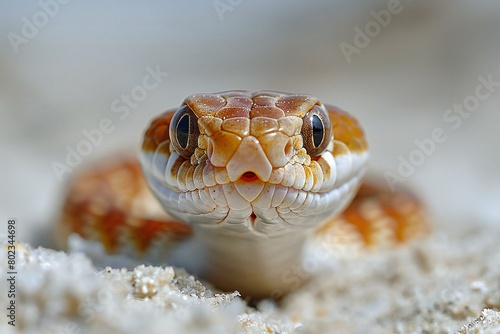 A closeup shot of the head of a corn snake on the sand