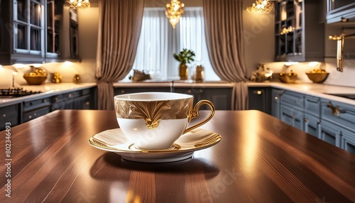 Porcelain coffee cup embroidered with gold on dark oak polished table top in a luxurious dark-themed kitchen, under spotlights; background curtains modern interior design