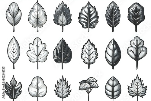 Set of black and white leaves on a white background, Vector illustration