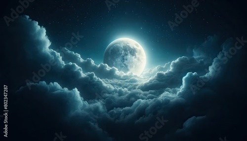 Surreal and dreamy scene depicting a full moon rising above soft, billowing clouds set against a starry sky.