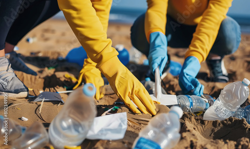 People collecting plastic waste on sandy beach. Environmental cleanup concept. World Oceans Day. Design for poster, banner