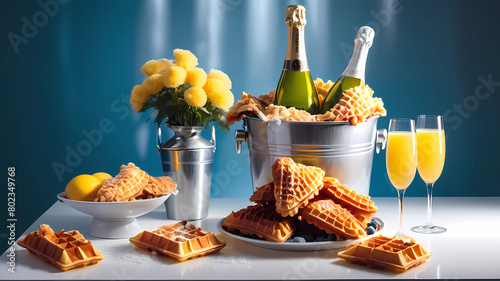 mimosas and champagne bucket on a white table with chicken and waffle white clean backdrop blue lighting