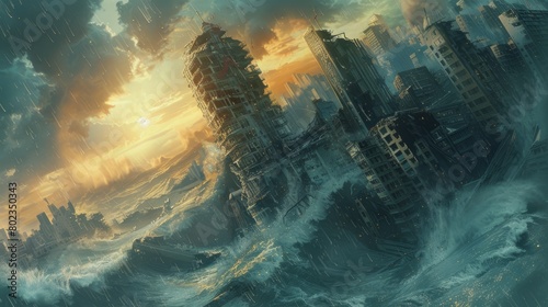 A digital painting of a city in ruins. The city is flooded and the buildings are mostly destroyed. The sky is dark and stormy.