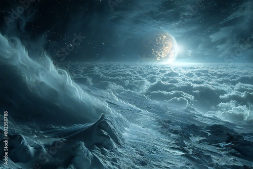 Fantasy alien planet, Mountain and moon, illustration