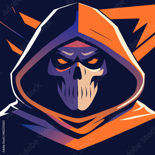 a skull in the hood illustration t-shirt graphics style, dark background, vector illustration flat