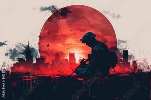Young soldier in military uniform with machine gun sits sadly backdrop city at sunset. Military man with psychological disorder. Concept PTSD in soldiers