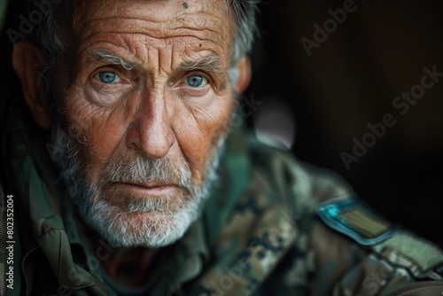 Elderly veteran soldier in uniform recalls traumatic military events. Portrait of caucasian soldier 60s, close up with space for text