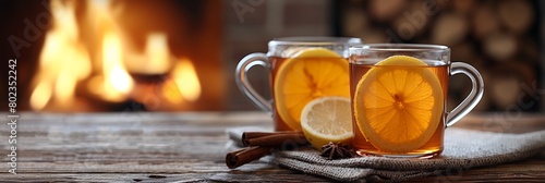 Warm winter beverage: Spiced mulled tea with cinnamon, anise, orange, and festive flavors, served in a glass cup.