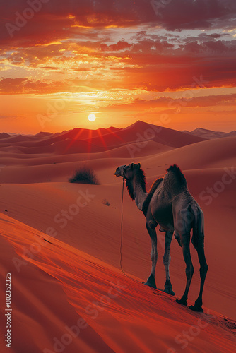 A camel crosses the Sahara desert, amidst dunes and under the African sky at sunset.