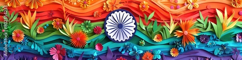 Intricate paper art featuring the Indian tricolor, with paper cutouts forming the Ashoka Chakra and stripes, set against a backdrop of symbolic Indian cultural motifs