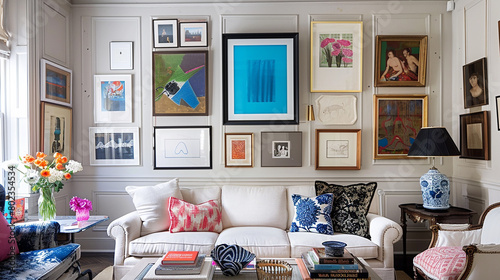 A gallery wall adorned with eclectic frames showcasing abstract artwork.