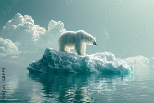 thought-provoking image using a low-angle view of a polar bear stranded on a melting iceberg, rendered in a minimalist style with innovative lighting techniques that evoke a sense of urgency a