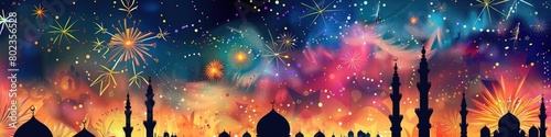 city skyline with minarets and domes outlined against a sky filled with fireworks , symbolizing the celebration of the Islamic New Year