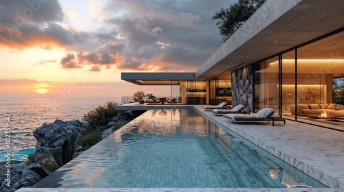 modern luxury house with a large outdoor pool against the backdrop of the sunset sea. Generative ai
