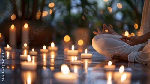 A woman practicing yoga in an intimate and peaceful atmosphere with lit candles creating a warm and mysterious light. Meditation concept