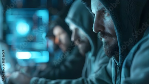 Unidentified hackers posing a threat with cyber crimes and malware. Concept Cybersecurity Threats, Malicious Hackers, Data Breaches, Ransomware Attacks, Cyber Crime Trends