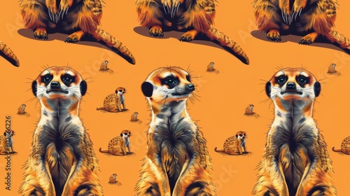 A seamless pattern with cute meerkats on an orange background