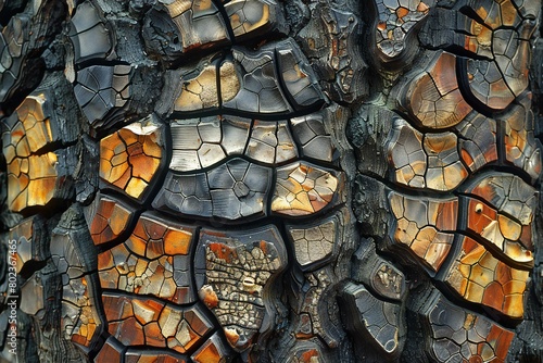 Close up of a tree bark with a pattern of cracks and holes