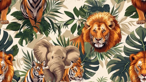 The image is a seamless pattern of watercolor jungle animals and tropical leaves