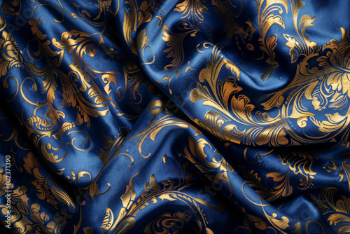 A luxurious background with a brocade fabric texture in royal blue and gold, featuring ornate patterns for a regal and opulent look.