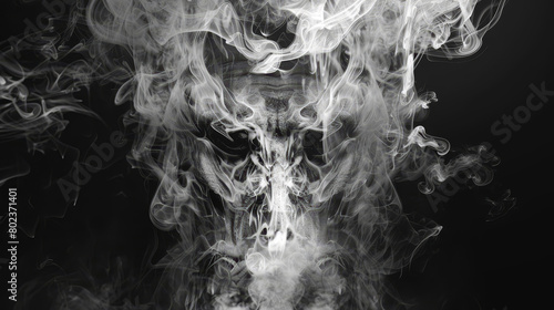 A black and white photo of a skull with smoke surrounding it