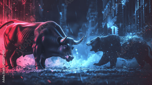A bull and a bear are fighting in a city