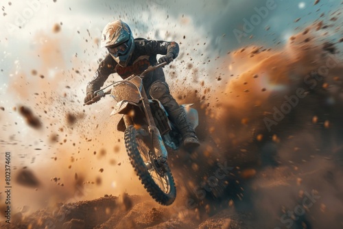 A person riding a dirt bike in the dirt. Suitable for sports and adventure concepts
