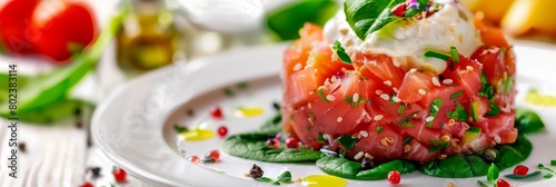 Tuna Tartar, Yellowfin Fish Tatar with Various Dip and Vegetables, Raw Seafood with Cream Sauce