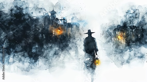 A watercolor painting of a night watchman with his lantern