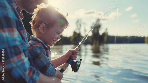 Father with little son fishing, close-up, Father's day
