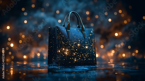 A contemporary shopping bag design accented with metallic foil details, standing out against a sleek midnight blue background, radiating modern glamour