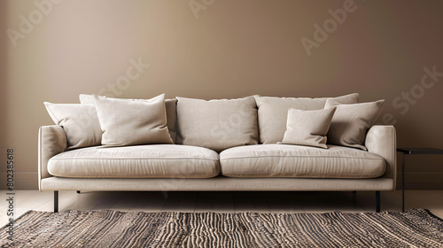 sofá sillón mueble en sala con tapete como decoración un muro liso detras del asiento representando elegancia y sofisticado armonía y moderno