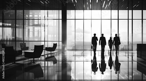 empresarios caminando en la oficina moderna y minimalista hacia junta de negocios ejecutivos en un corporativo con ventanal