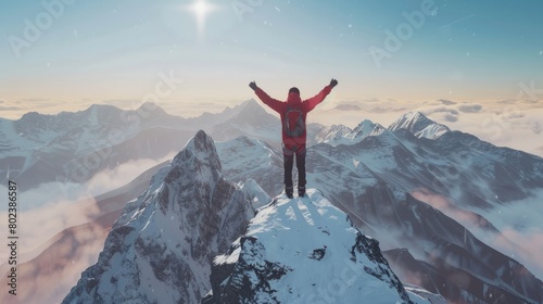 A man stands triumphantly on the mountain summit, arms raised in jubilation, embodying the exhilarating feeling of success and accomplishment hyper realistic 
