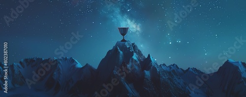 A surreal depiction of an empty trophy floating above a mountain peak, conveying the solitude of high achievements, under a starry sky