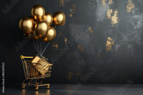 black Friday gift concept golden shopping carts with balloons