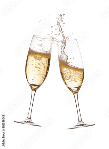 Two elegant champagne flutes filled with sparkling champagne, with a steady stream of bubbles, against a transparent background. Generative AI