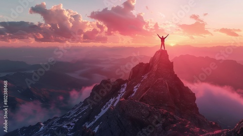 person standing on top of mountain peak celebrating holding up arms looking at sunrise or sunset, success hyper realistic 
