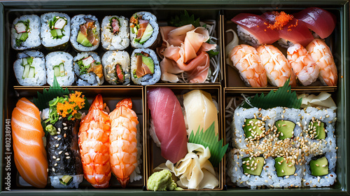 Japanese bento box: a neatly arranged assortment of sushi rolls, sashimi slices, tempura shrimp, pickled vegetables, and steamed rice, presented in a lacquered wooden box