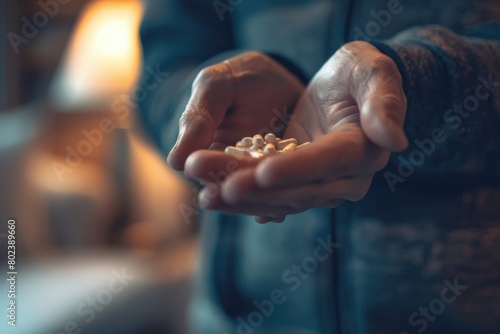 Close-up of a person holding a handful of pills. Suitable for medical and healthcare concepts