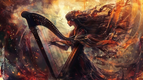A beautiful woman with long red hair playing a harp. She is wearing a flowing white dress and is surrounded by a colorful, fiery background.